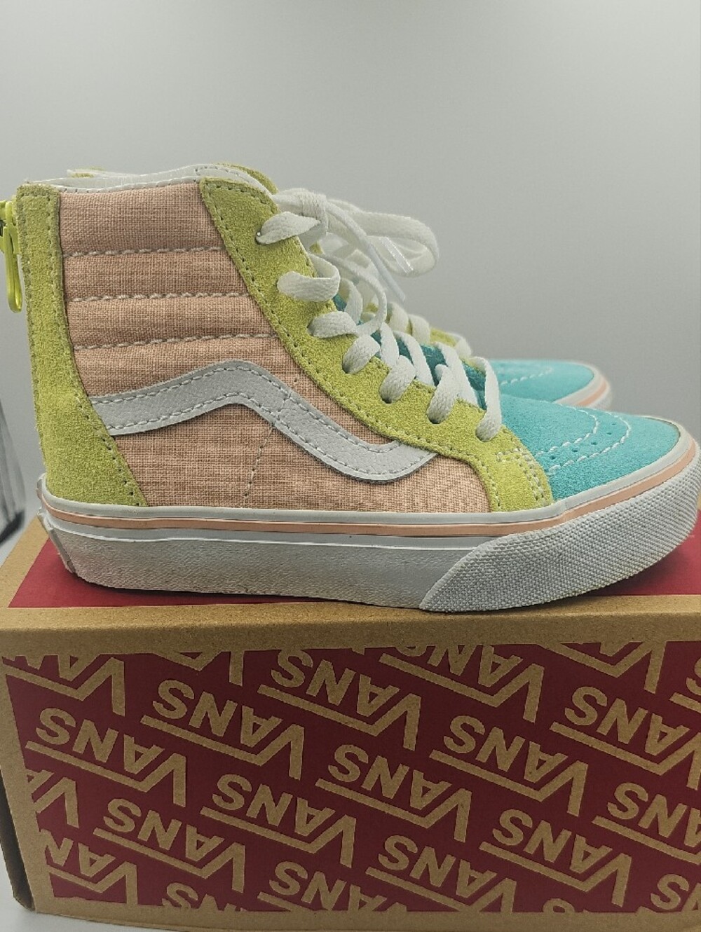 Vans Kids High-Top Sneakers in Teal, Yellow and Pink Accent - Picture 2 of 5